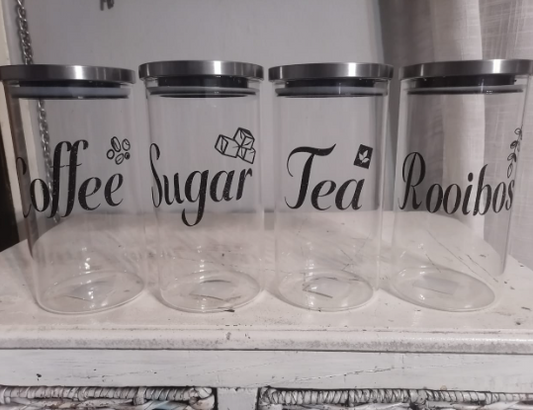 4-Pack 1L Glass Containers Set for Coffee, Sugar, Tea, and Rooibos